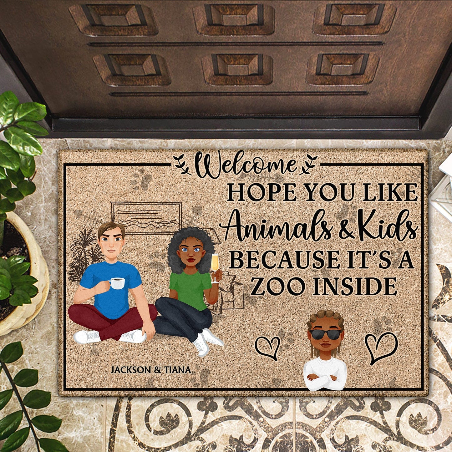 Flat Art Hope You Like Animals And Kids - Anniversary, Birthday, Home Decor Gift For Couple, Family - Personalized Doormat