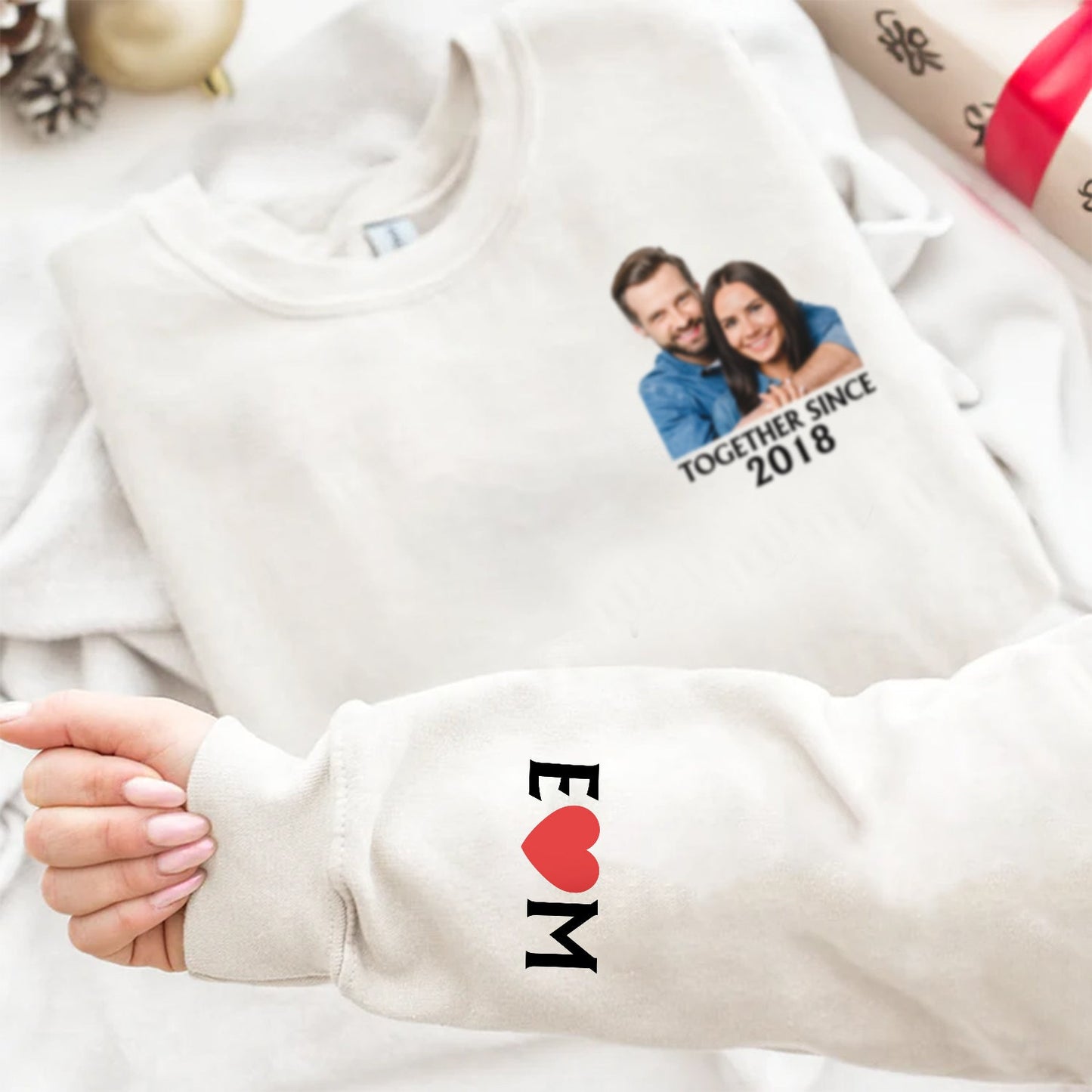 Custom Photo Together Since Husband & Wife - Gift For Couples - Personalized Sweatshirt With Sleeve Imprint