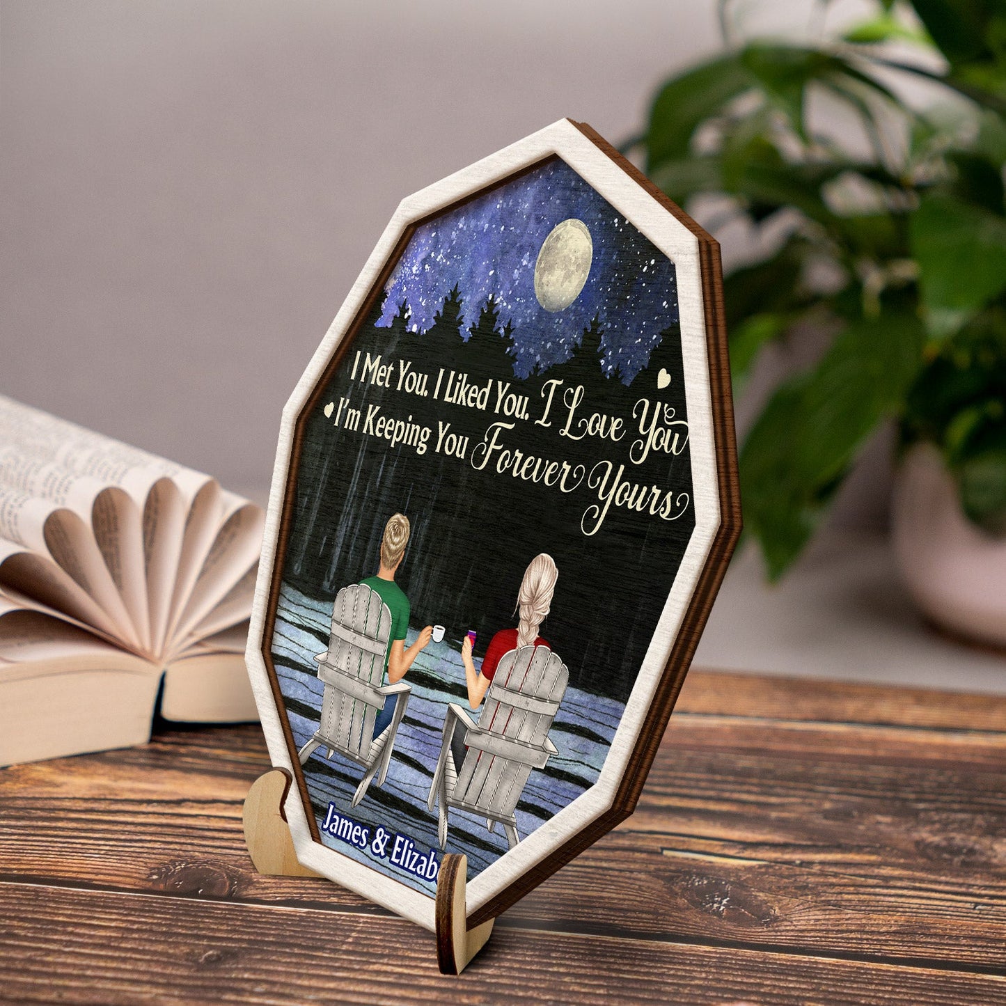 My Favourite Place Couple Back Sitting On Chairs - Loving, Anniversary Gift For Spouse, Husband, Wife - Personalized 2-Layered Wooden Plaque With Stand