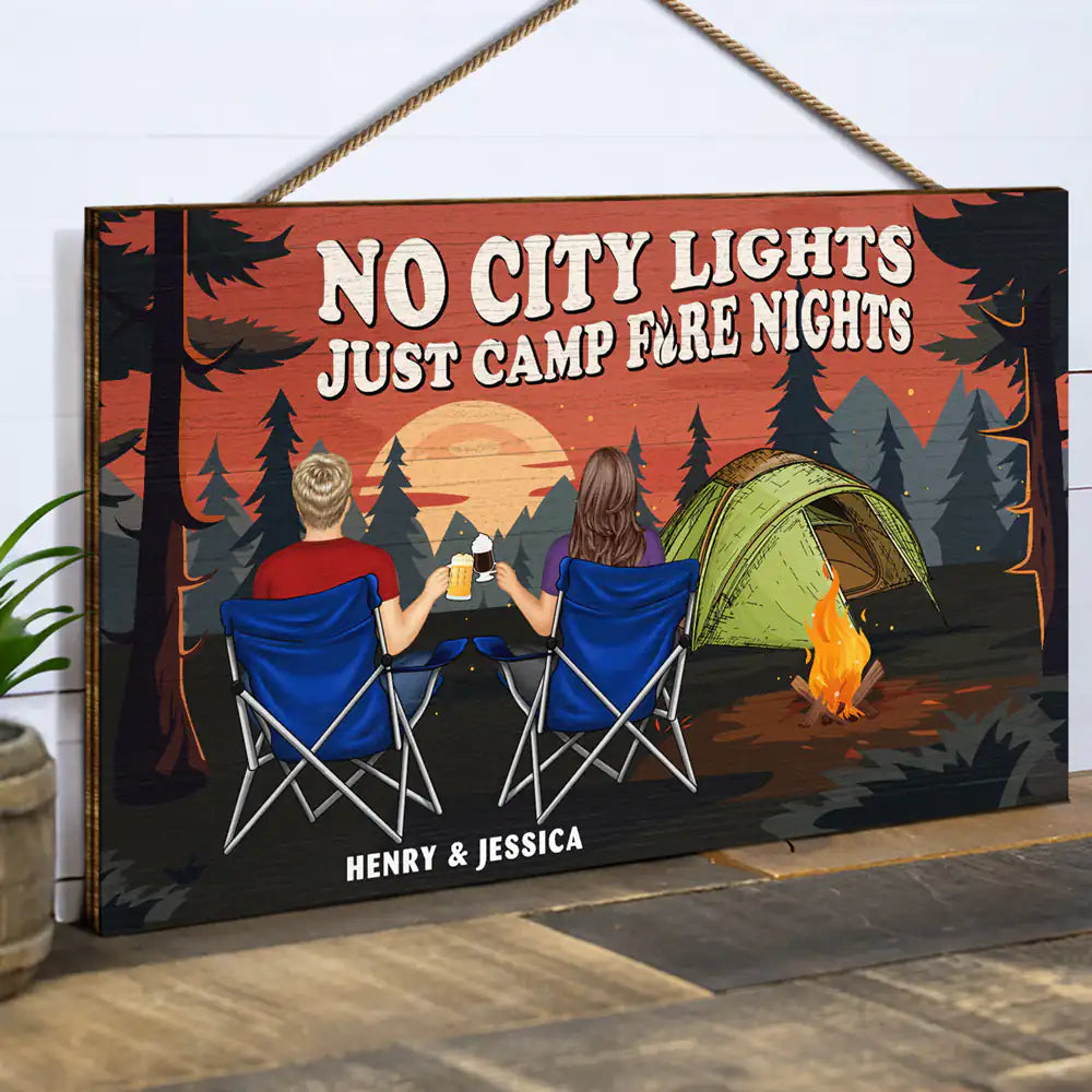 No City Lights Just Campfire Nights Couple - Personalized Wood Rectangle Sign