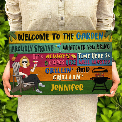 Patio Welcome Grilling Proudly Serving Whatever You Bring Couple Single - Home Decor, Backyard Decor, Gift For Her, Him, Family, Couples, Husband, Wife - Personalized Custom Wood Rectangle Sign