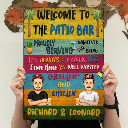 Patio Welcome Grilling Proudly Serving Whatever You Bring Cartoon Couple Single - Home Decor, Backyard Decor, Gift For Her, Him, Family, Husband, Wife - Personalized Custom Classic Metal Signs