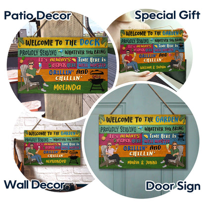 Patio Welcome Grilling Proudly Serving Whatever You Bring Couple Single - Home Decor, Backyard Decor, Gift For Her, Him, Family, Couples, Husband, Wife - Personalized Custom Wood Rectangle Sign