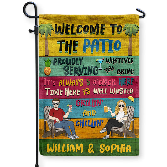 Patio Welcome Grilling Proudly Serving Whatever You Bring Cartoon Couple Single - Home Decor, Backyard Decor, Gift For Her, Him, Family, Couples, Husband, Wife - Personalized Custom Flag