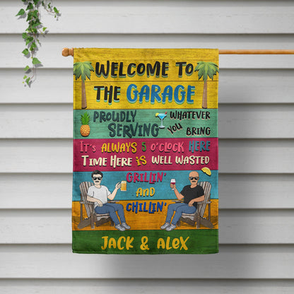 Patio Welcome Grilling Proudly Serving Whatever You Bring Cartoon Couple Single - Home Decor, Backyard Decor, Gift For Her, Him, Family, Couples, Husband, Wife - Personalized Custom Flag