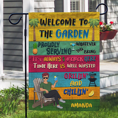 Patio Welcome Grilling Proudly Serving Whatever You Bring Cartoon Couple Single - Home Decor, Backyard Decor, Gift For Her, Him, Family, Couples, Husband, Wife - Personalized Custom Flag