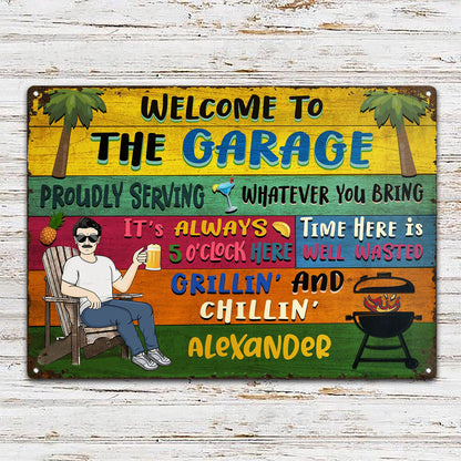 Patio Welcome Grilling Proudly Serving Whatever You Bring Couple Single Horizontal - Home Decor, Backyard Decor, Gift For Her, Him, Family, Husband, Wife - Personalized Custom Classic Metal Signs