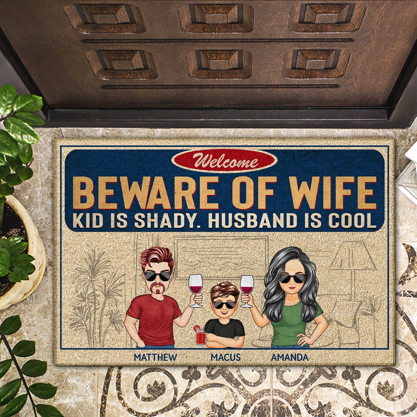 Beware Of Wife Kids Are Shady Husband Is Cool Cartoon Couple Husband Wife Family - Personalized Custom Doormat