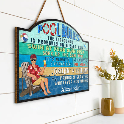 Pool Rules Swim At Your Own Risk Grilling BBQ - Home Decor, Backyard Decor, Gift For Her, Him, Family, Couples, Husband, Wife - Personalized Custom Shaped Wood Sign