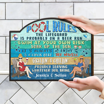 Pool Rules Swim At Your Own Risk Grilling BBQ - Home Decor, Backyard Decor, Gift For Her, Him, Family, Couples, Husband, Wife - Personalized Custom Shaped Wood Sign