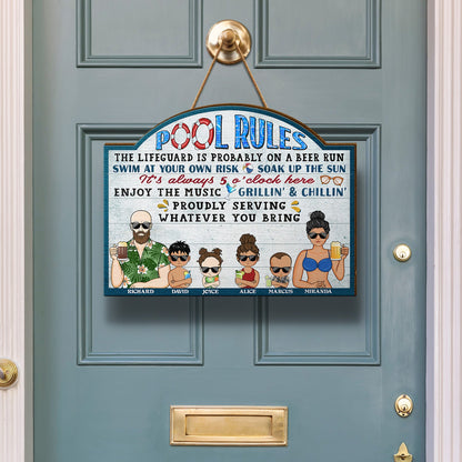Pool Rules Swim At Your Own Risk Grilling Kids - Home Decor, Backyard Decor, Gift For Her, Him, Family, Couples - Personalized Custom Shaped Wood Sign