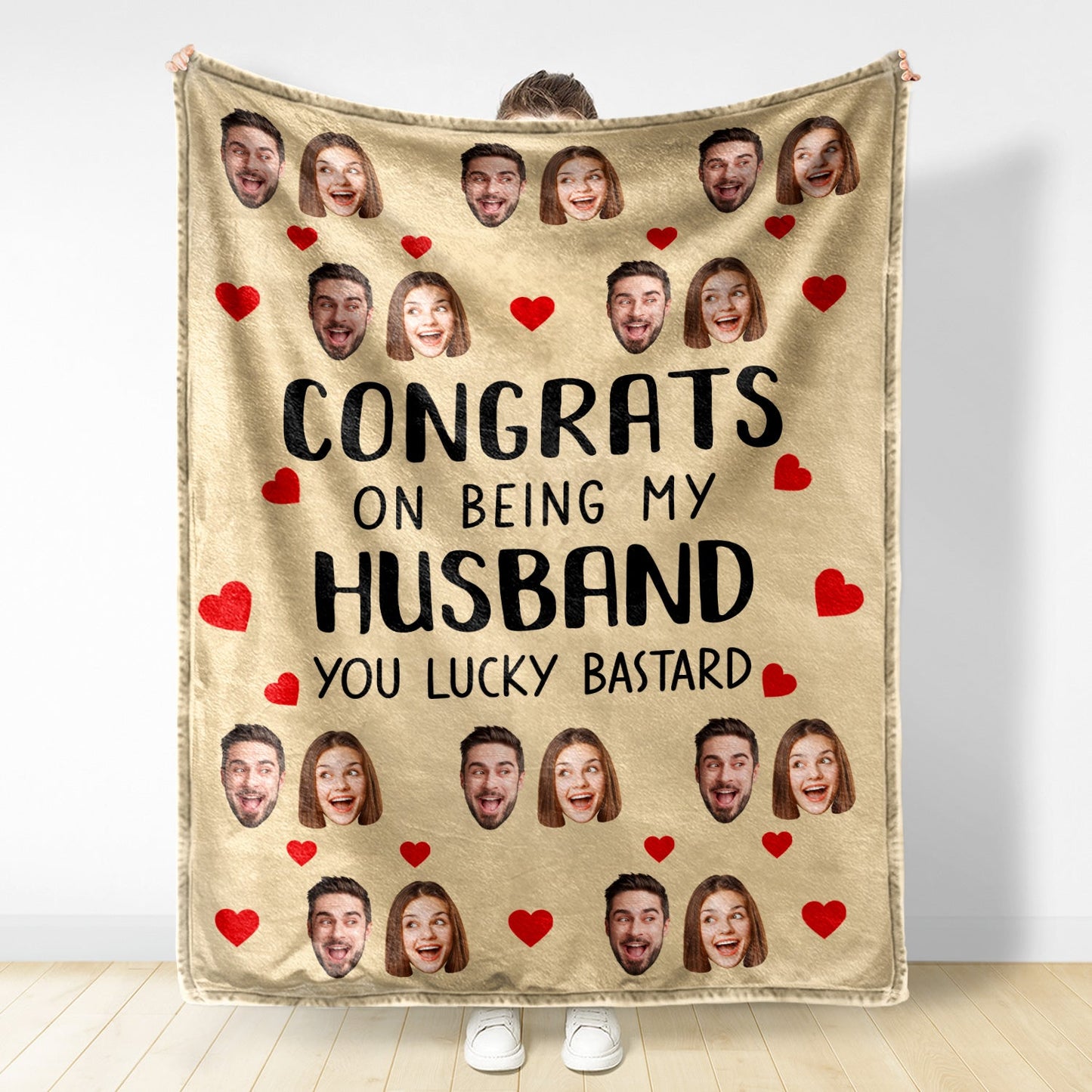 Custom Photo Congrats On Being My Husband - Anniversary, Vacation, Funny Gift For Couples, Family - Personalized Fleece Blanket