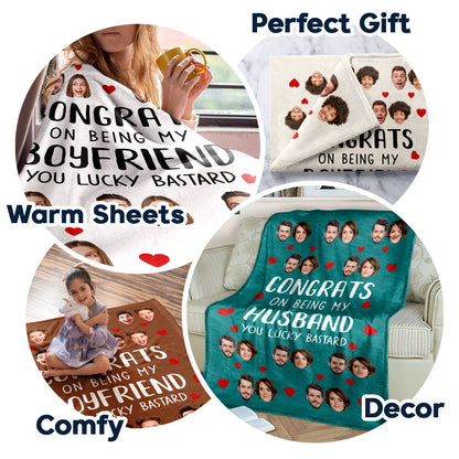 Custom Photo Congrats On Being My Husband - Anniversary, Vacation, Funny Gift For Couples, Family - Personalized Fleece Blanket