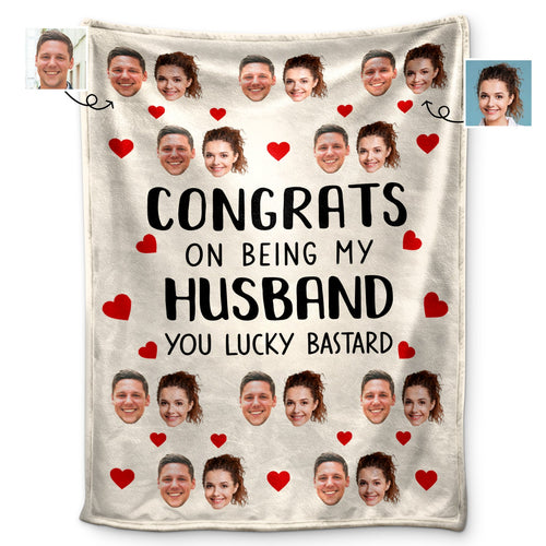 Custom Photo Congrats On Being My Husband - Anniversary, Vacation, Funny Gift For Couples, Family - Personalized Fleece Blanket