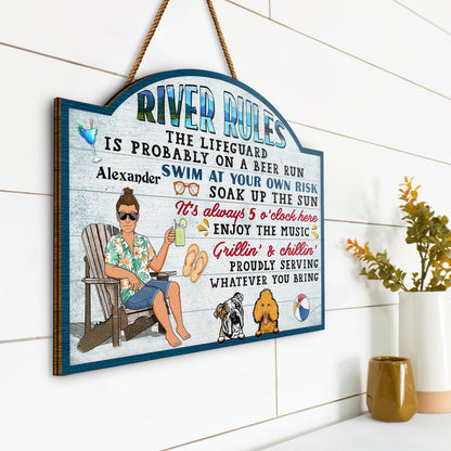 Pool Rules Swim At Your Own Risk Grilling - Home Decor, Backyard Decor, Gift For Her, Him, Family, Couples, Dog Lovers, Cat Lovers - Personalized Custom Shaped Wood Sign