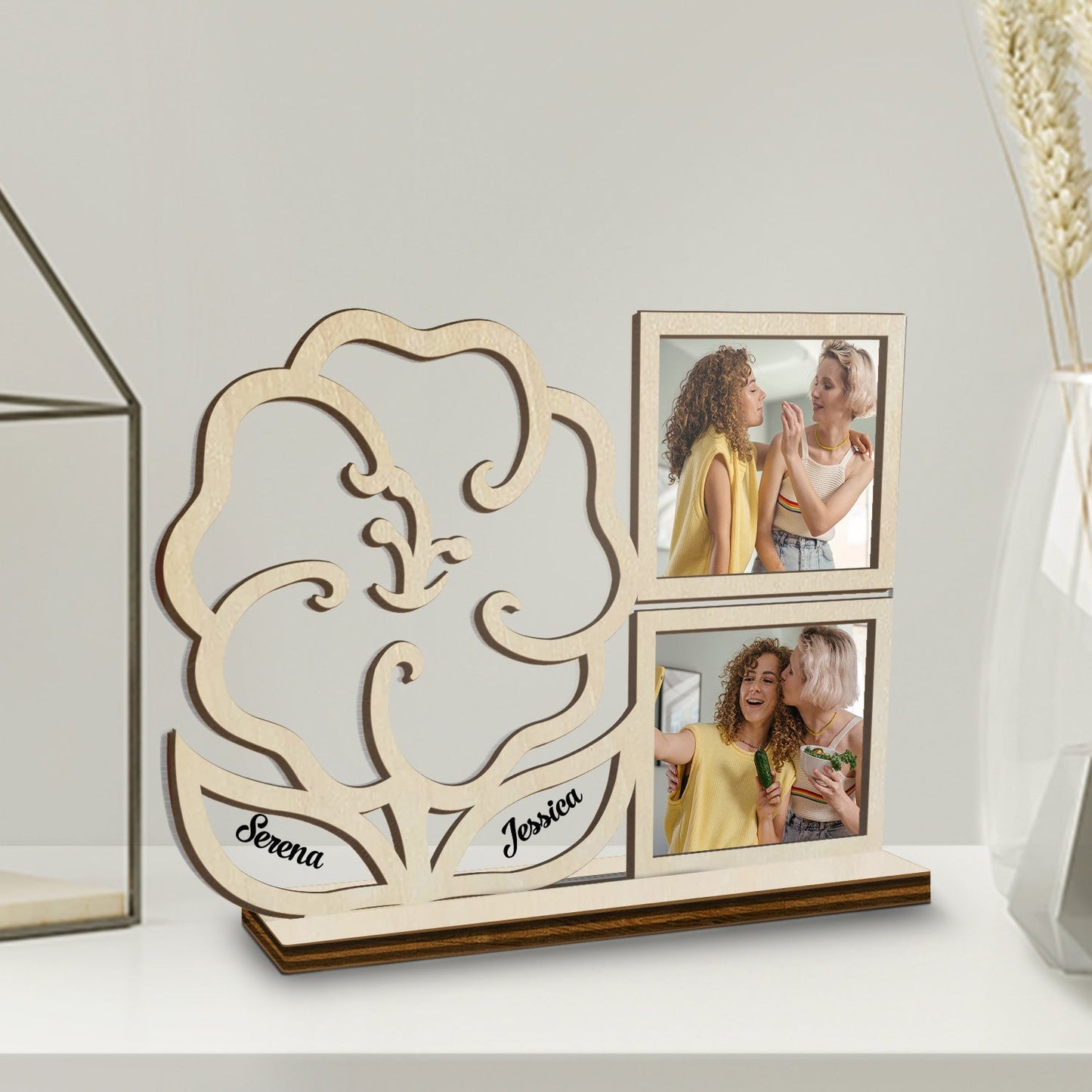 Custom Photo Flower Jewelry Holder - Gift For Spouse, Husband, Wife, Couple - Personalized Custom Shaped 2-Layered Acrylic Wooden Plaque
