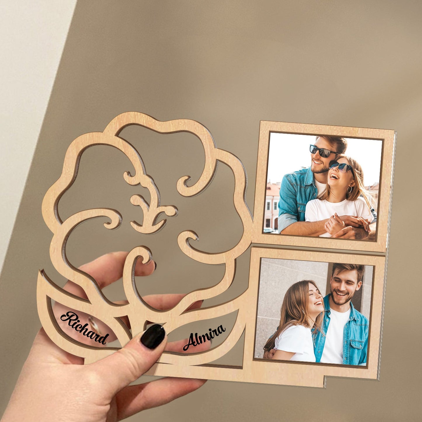 Custom Photo Flower Jewelry Holder - Gift For Spouse, Husband, Wife, Couple - Personalized Custom Shaped 2-Layered Acrylic Wooden Plaque