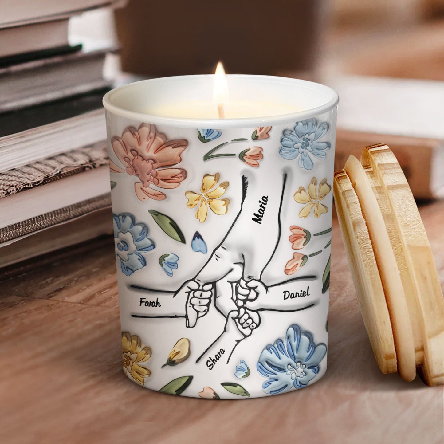 Hand In Hand, I Will Always Protect You - Gift For Mom, Grandma - 3D Inflated Effect Printed Candle, Personalized Scented Candle With Wooden Lid
