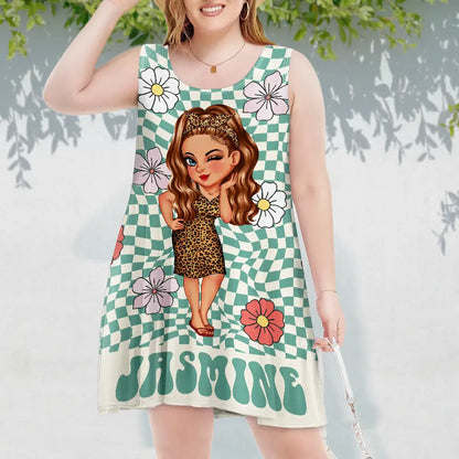 Cartoon Woman Retro Traveling Beach Poolside Swimming Picnic - Personalized Sleeveless Tank Dress