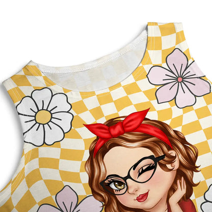 Cartoon Woman Retro Traveling Beach Poolside Swimming Picnic - Personalized Sleeveless Tank Dress
