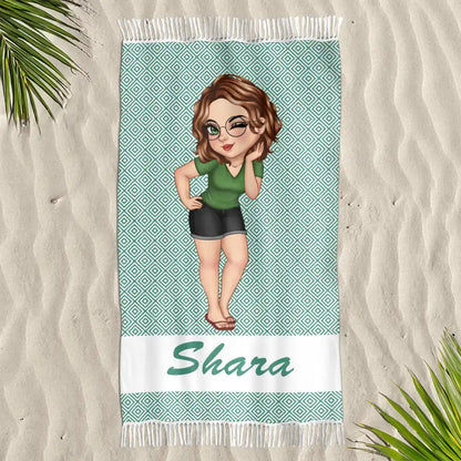Cartoon Woman Traveling Beach Poolside Swimming Picnic - Personalized Turkish Beach Towel