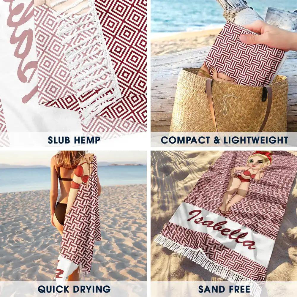 Cartoon Woman Traveling Beach Poolside Swimming Picnic - Personalized Turkish Beach Towel