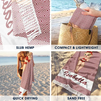 Cartoon Woman Traveling Beach Poolside Swimming Picnic - Personalized Turkish Beach Towel