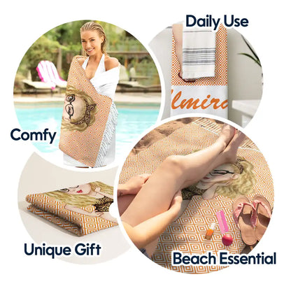 Cartoon Woman Traveling Beach Poolside Swimming Picnic - Personalized Turkish Beach Towel