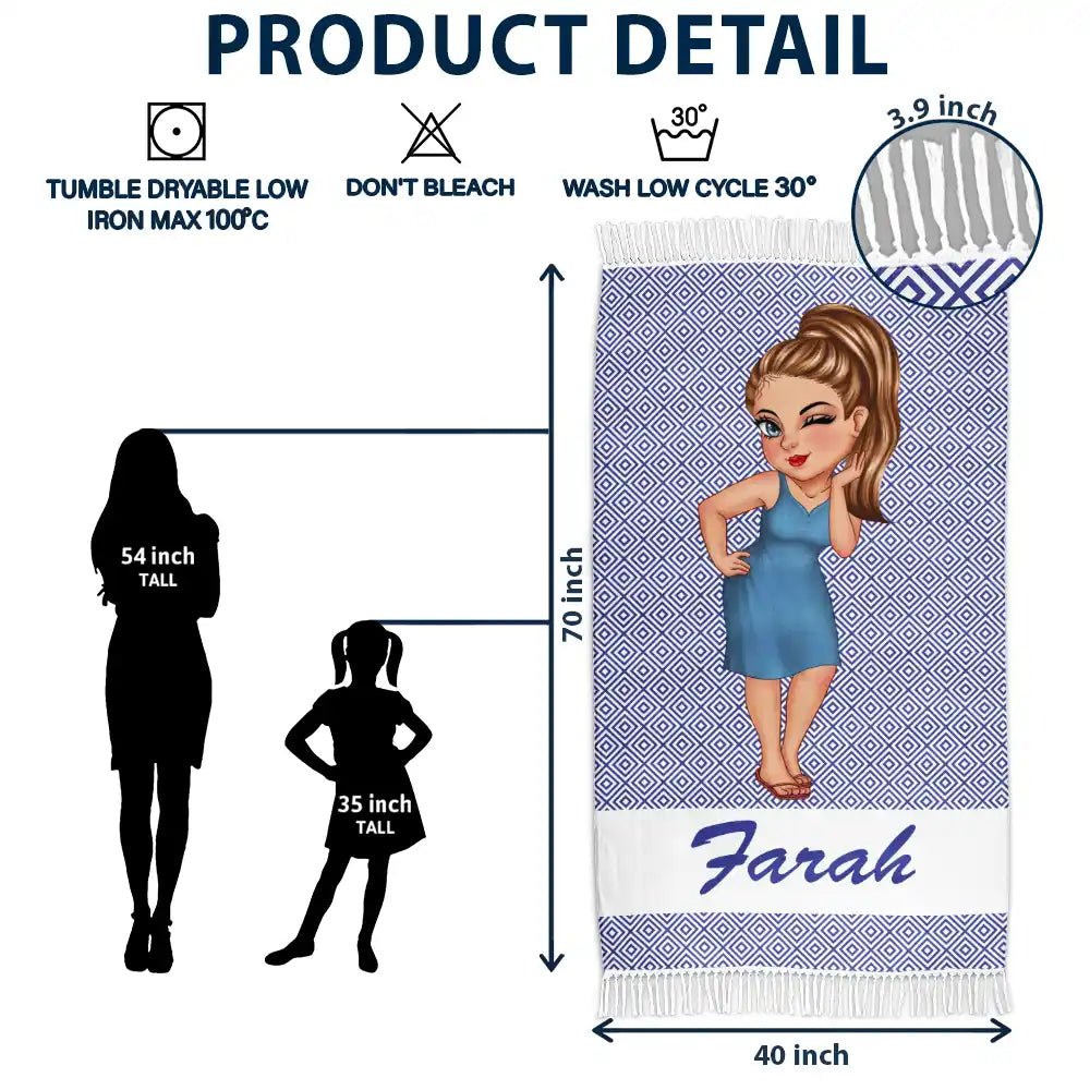 Cartoon Woman Traveling Beach Poolside Swimming Picnic - Personalized Turkish Beach Towel