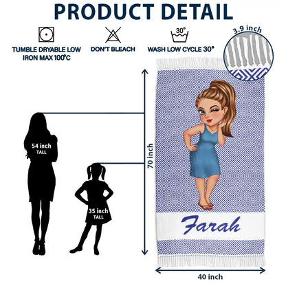 Cartoon Woman Traveling Beach Poolside Swimming Picnic - Personalized Turkish Beach Towel