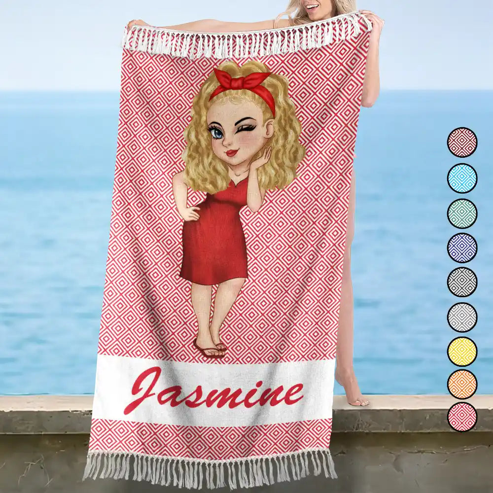 Cartoon Woman Traveling Beach Poolside Swimming Picnic - Personalized Turkish Beach Towel