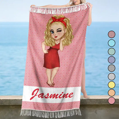 Cartoon Woman Traveling Beach Poolside Swimming Picnic - Personalized Turkish Beach Towel