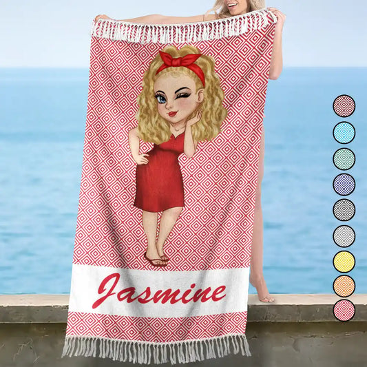 Cartoon Woman Traveling Beach Poolside Swimming Picnic - Personalized Turkish Beach Towel