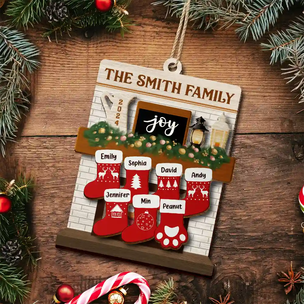 Merry Christmas Family Stockings - Personalized 2-Layered Wooden Ornament