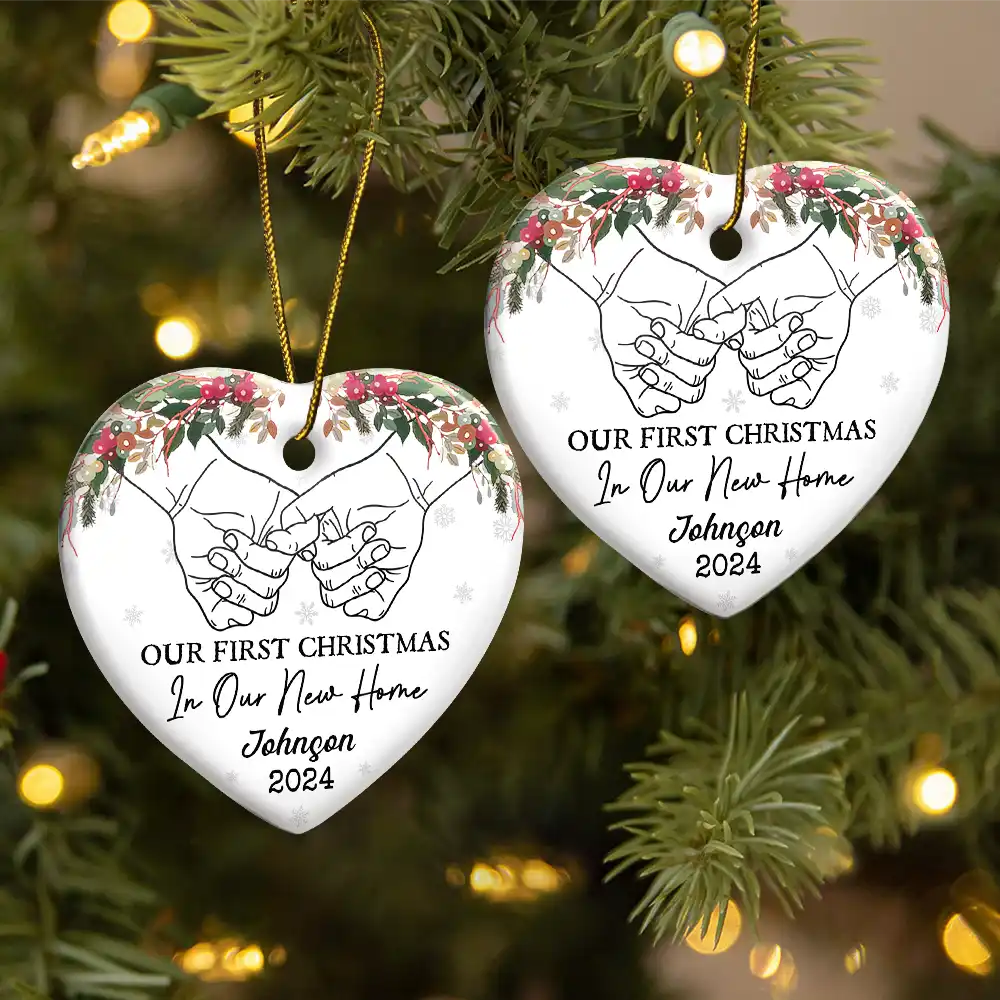 Holding Hands Our First Christmas - Personalized Heart Ceramic Ornament