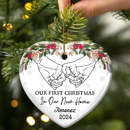 Holding Hands Our First Christmas - Personalized Heart Ceramic Ornament