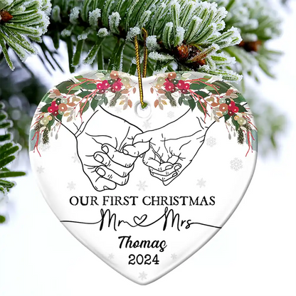 Holding Hands Our First Christmas - Personalized Heart Ceramic Ornament