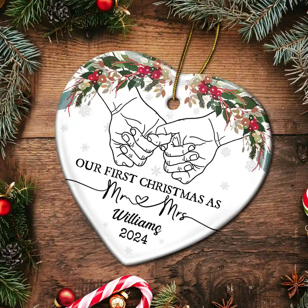 Holding Hands Our First Christmas - Personalized Heart Ceramic Ornament