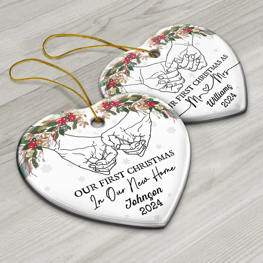 Holding Hands Our First Christmas - Personalized Heart Ceramic Ornament