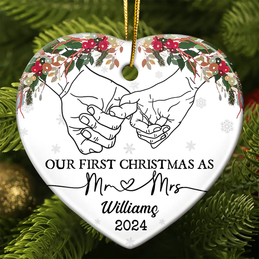 Holding Hands Our First Christmas - Personalized Heart Ceramic Ornament