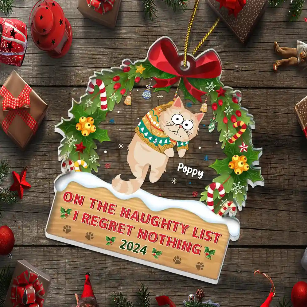 Hanging Cat On The Naughty List - Personalized Custom Shaped Acrylic Ornament