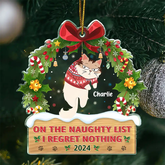 Hanging Cat On The Naughty List - Personalized Custom Shaped Acrylic Ornament