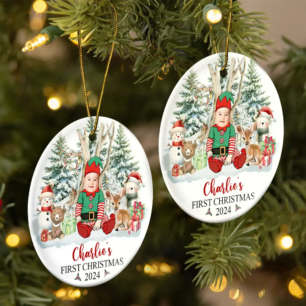 Custom Photo Baby's First Christmas Funny Face - Personalized Circle Ornament