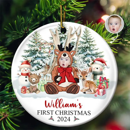 Custom Photo Baby's First Christmas Funny Face - Personalized Circle Ornament