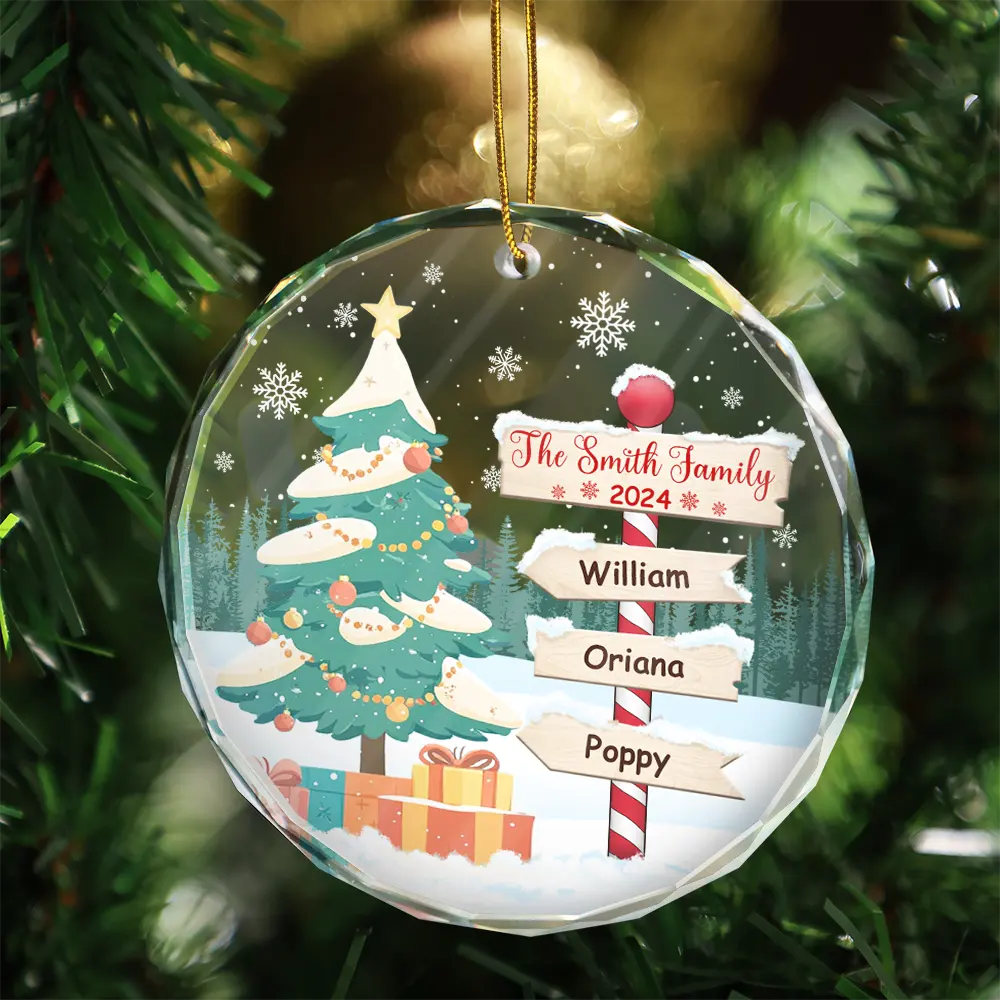 Family - Christmas North Pole Family Name - Personalized Circle Glass Ornament