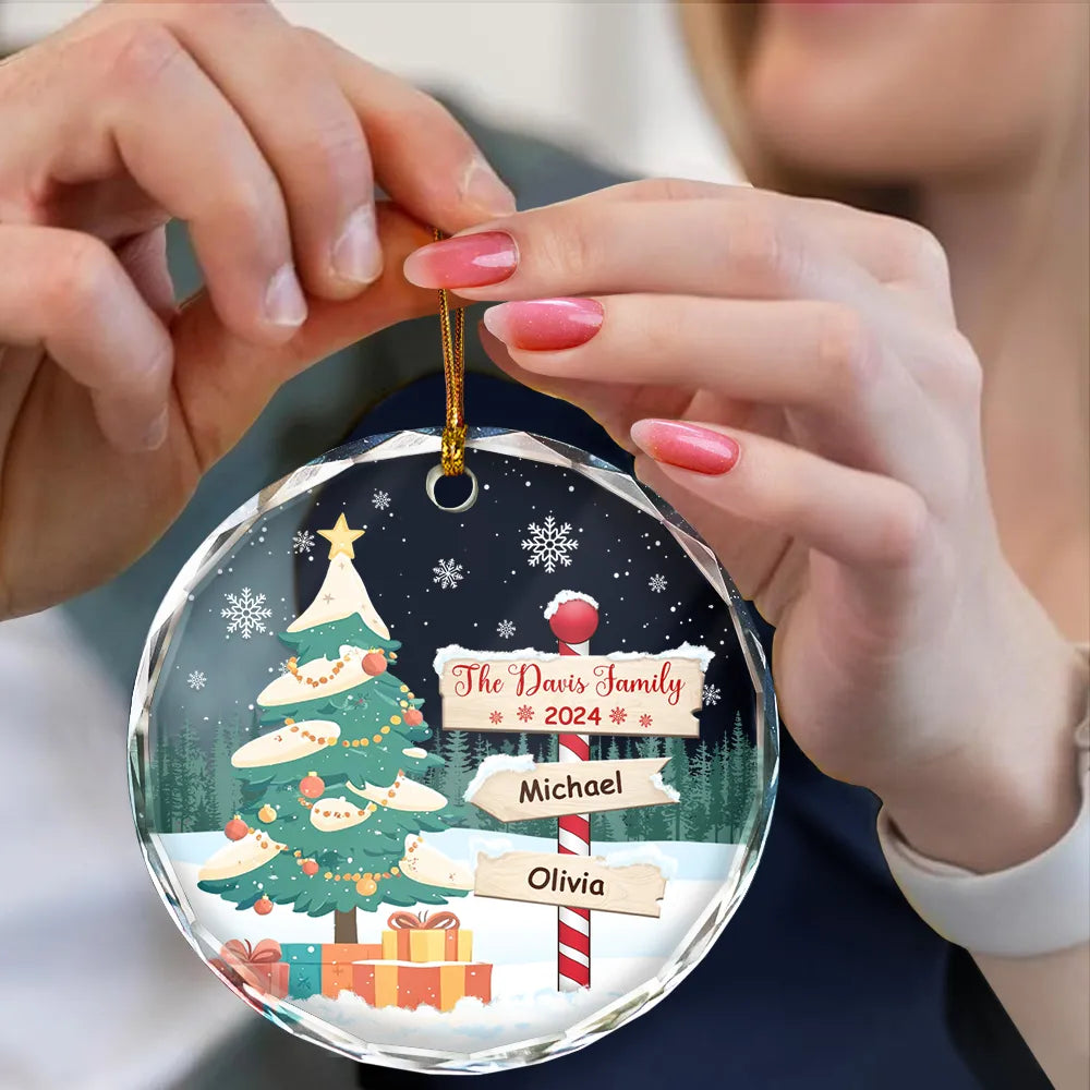 Family - Christmas North Pole Family Name - Personalized Circle Glass Ornament