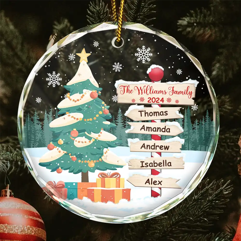 Family - Christmas North Pole Family Name - Personalized Circle Glass Ornament