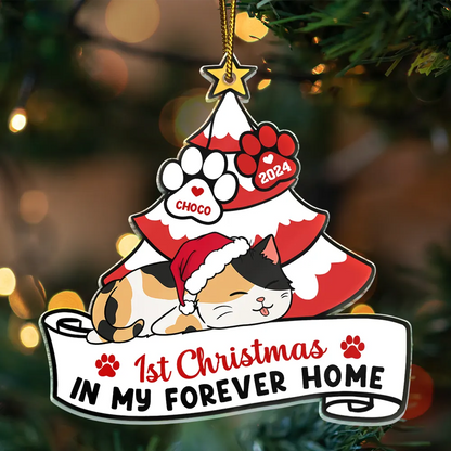 Lying Cat First Christmas In My Forever Home - Personalized Cutout Acrylic Ornament