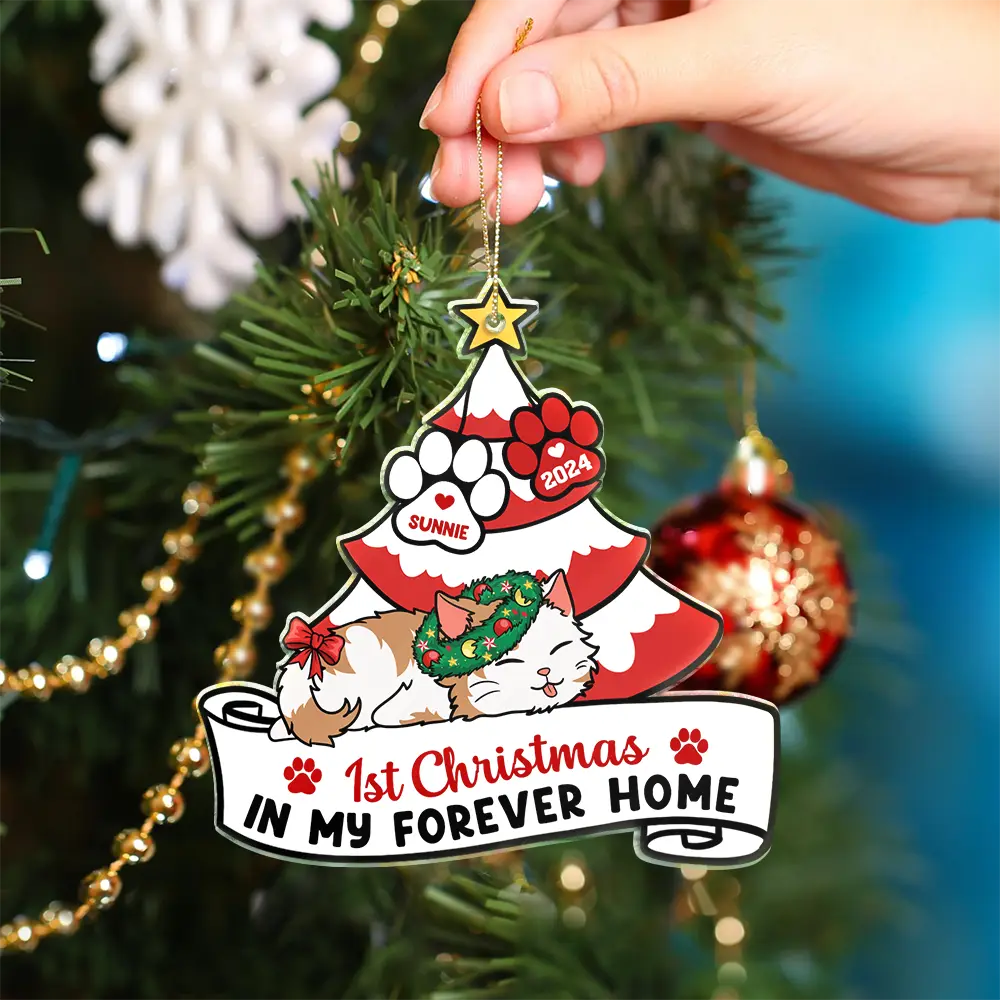 Lying Cat First Christmas In My Forever Home - Personalized Cutout Acrylic Ornament