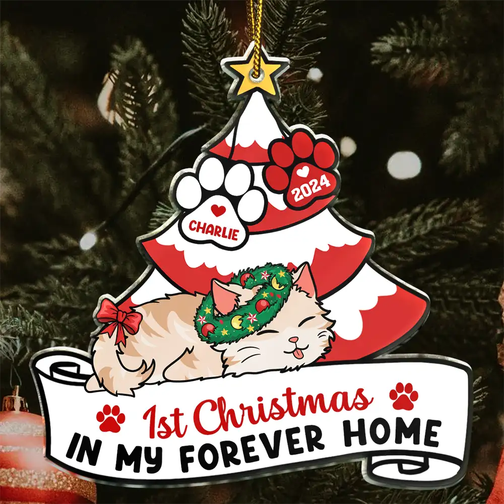 Lying Cat First Christmas In My Forever Home - Personalized Cutout Acrylic Ornament